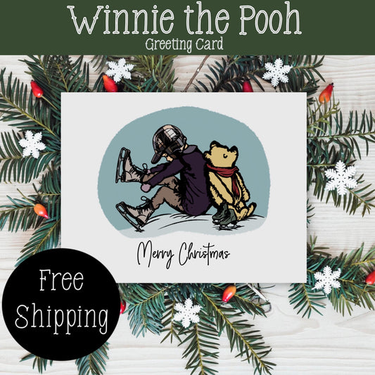 Classic Winnie the Pooh Christmas Card, Vintage Christmas Card, Winnie the Pooh Christmas Gift, FREE SHIPPING,  4.25” x 5.5”