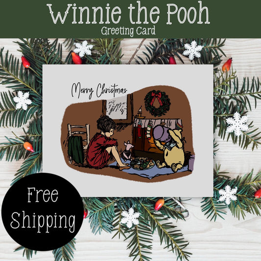 Classic Winnie the Pooh Christmas Card, Vintage Christmas Card, Winnie the Pooh Christmas Gift, FREE SHIPPING,  4.25” x 5.5”