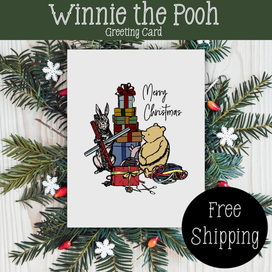 Classic Winnie the Pooh Christmas Card, Vintage Christmas Card, Winnie the Pooh Christmas Gift, FREE SHIPPING,  4.25” x 5.5”