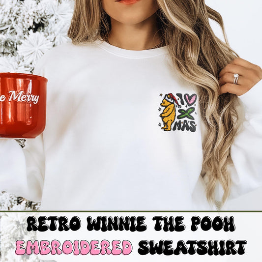 Retro Winnie the Pooh Christmas Embroidered Sweatshirt, Holiday Pooh Crewneck Jumper, I Heart Xmas Pullover, Unisex Festive Sweater