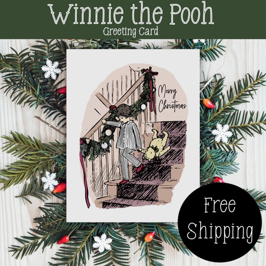 Classic Winnie the Pooh Christmas Card, Vintage Christmas Card, Winnie the Pooh Christmas Gift, FREE SHIPPING,  4.25” x 5.5”