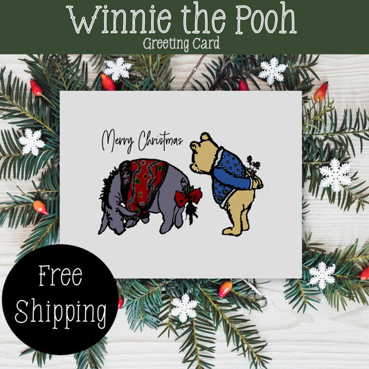 Classic Winnie the Pooh Christmas Card, Vintage Christmas Card, Winnie the Pooh Christmas Gift, FREE SHIPPING,  4.25” x 5.5”