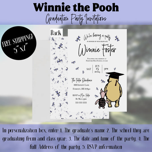 Classic Winnie the Pooh Graduation Party Invitation, Pooh Party Invitation, Graduation Party Invitation, 5x7, FREE SHIPPING