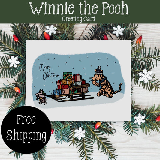 Classic Winnie the Pooh Christmas Card, Vintage Christmas Card, Winnie the Pooh Christmas Gift, FREE SHIPPING,  4.25” x 5.5”