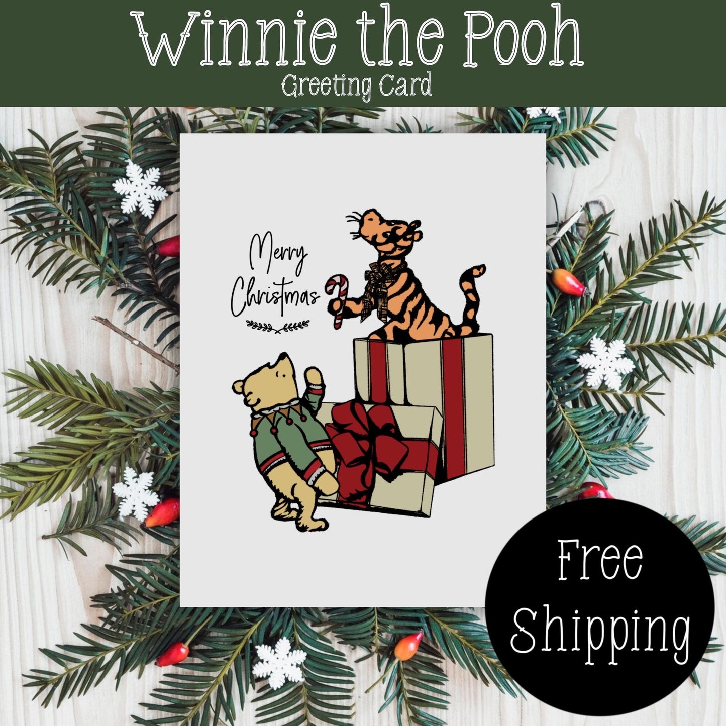 Classic Winnie the Pooh Christmas Card, Vintage Christmas Card, Winnie the Pooh Christmas Gift, FREE SHIPPING,  4.25” x 5.5”