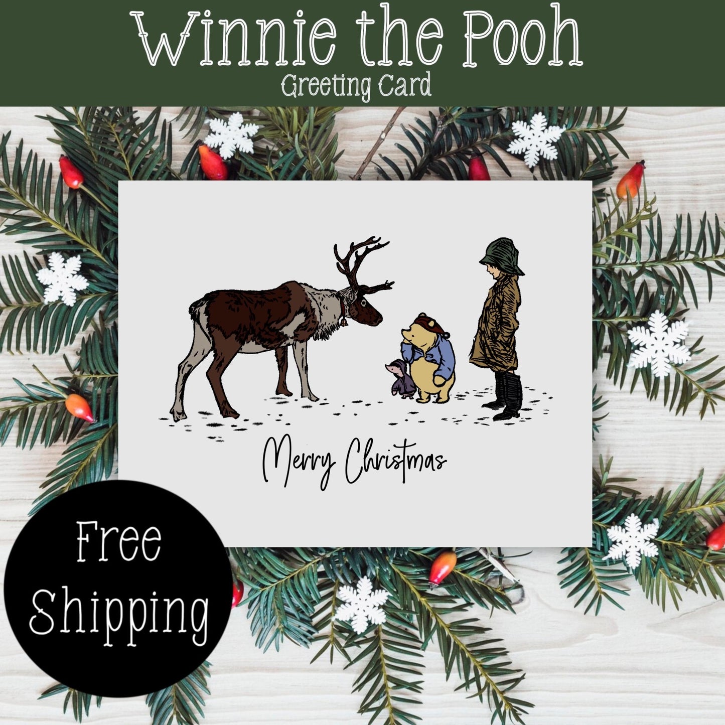 Classic Winnie the Pooh Christmas Card, Vintage Christmas Card, Winnie the Pooh Christmas Gift, FREE SHIPPING,  4.25” x 5.5”