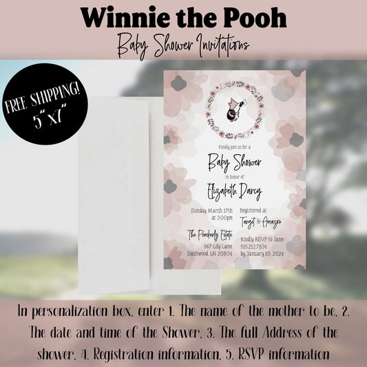 Classic Winnie the Pooh Birthday Invitation, Pooh Party Invitation, Piglet Baby Shower Invitation, Floral Invitation, 5x7, FREE SHIPPING