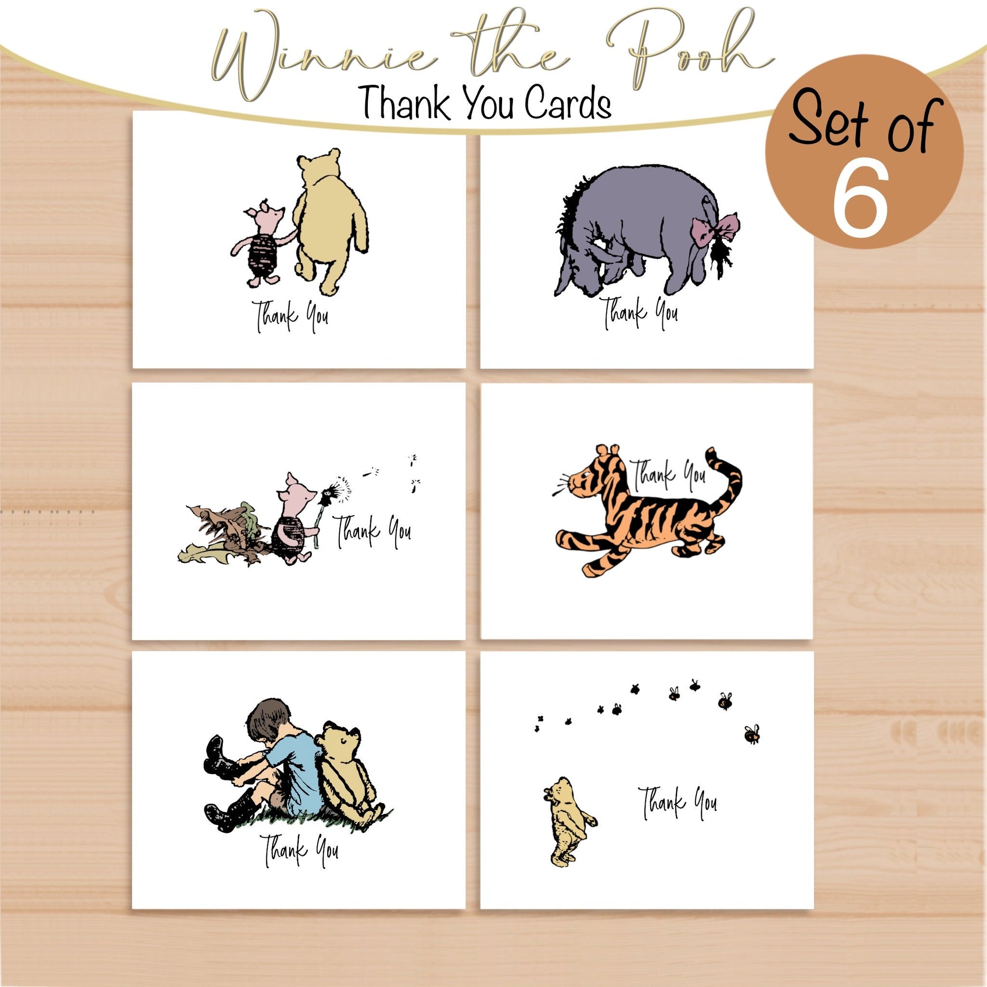 Classic Winnie the Pooh Thank You Card Set, Winnie the Pooh Birthday, Classic Pooh Baby Shower Thank You Cards, 4.25” x 5.5”