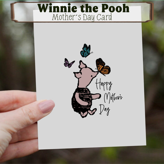 Classic Winnie the Pooh Mothers Day Card, Butterfly Mothers Day Card, Winnie the Pooh Gift, Piglet Card, FREE SHIPPING, 4.25” x 5.5”