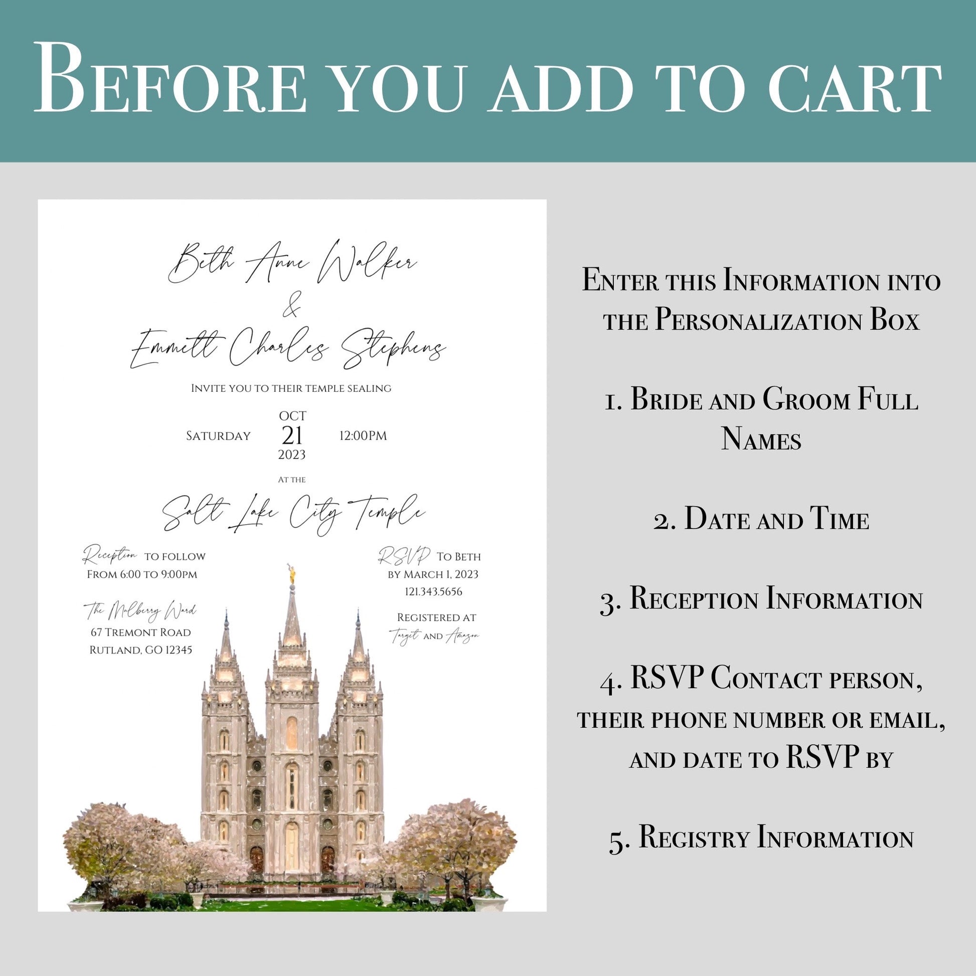 Temple Sealing Invitations, LDS Wedding Invitations, FREE SHIPPING, 6 Options right now, message me for your temple to be next!