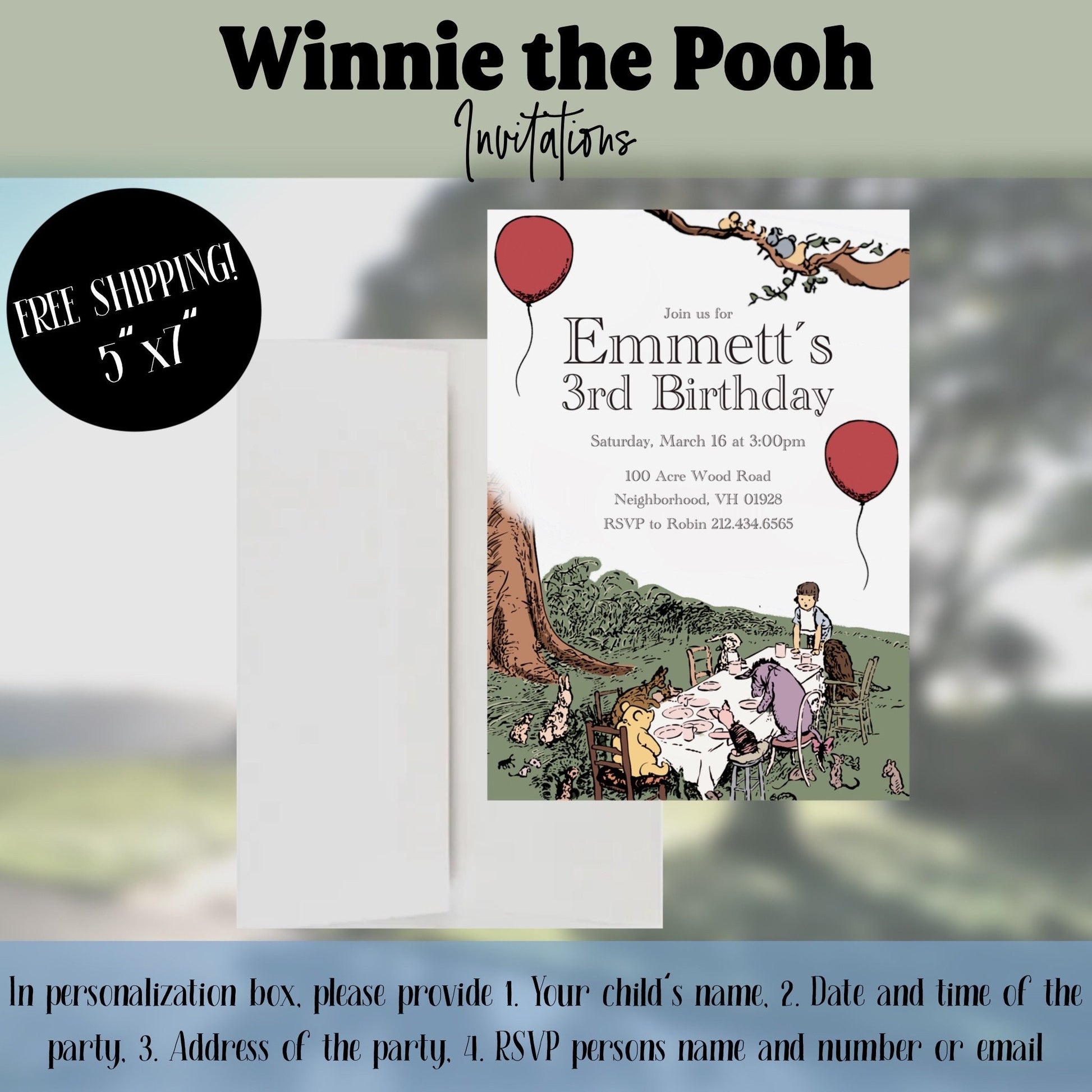 Classic Winnie the Pooh Birthday Invitation, Pooh Party Invitation, Baby Shower Invitation, Birthday Invitation, 5x7, FREE SHIPPING