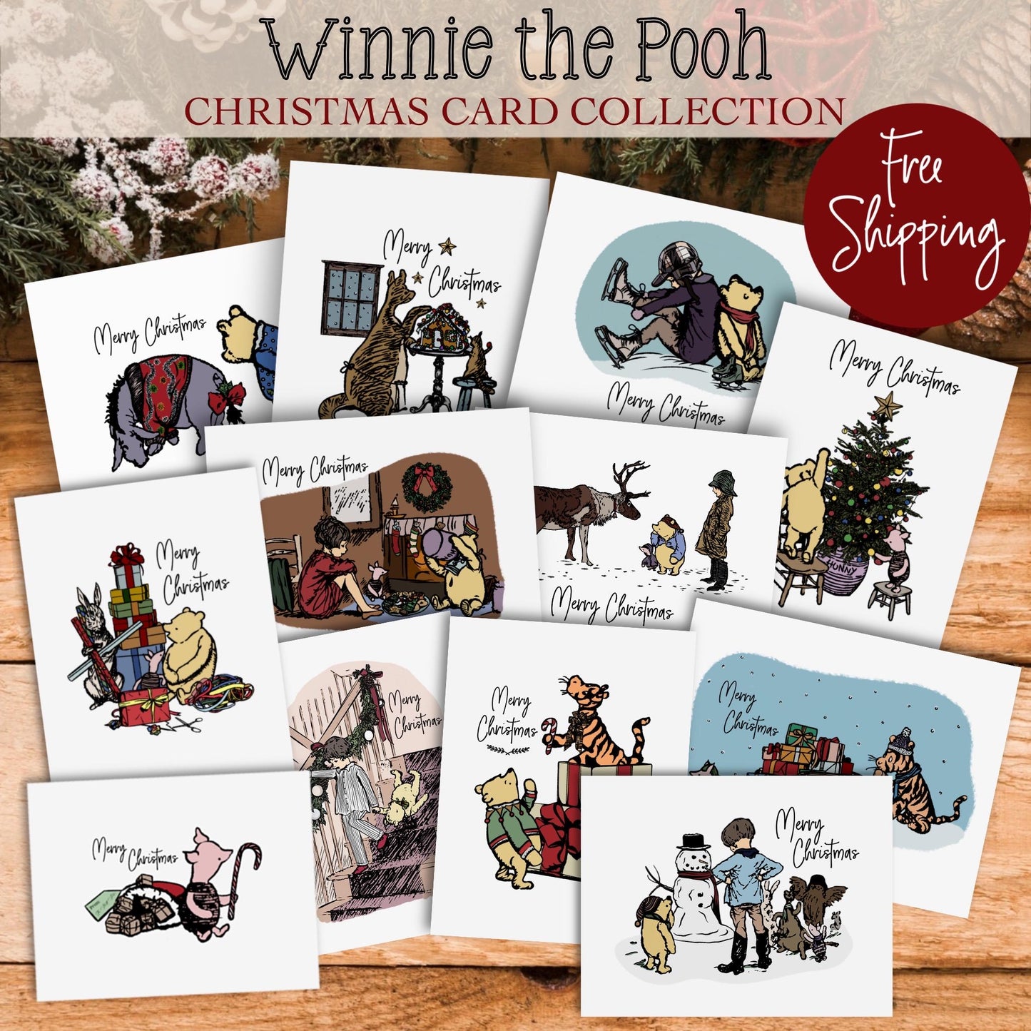 Classic Winnie the Pooh Christmas Card Box Set, Handmade Christmas Card, Vintage Christmas Card Set, FREE SHIPPING, 4.25” x 5.5”