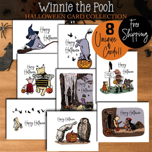 Classic Winnie the Pooh Halloween Card Set, Happy Halloween Card, Vintage Halloween Card, FREE SHIPPING, 4.25” x 5.5”