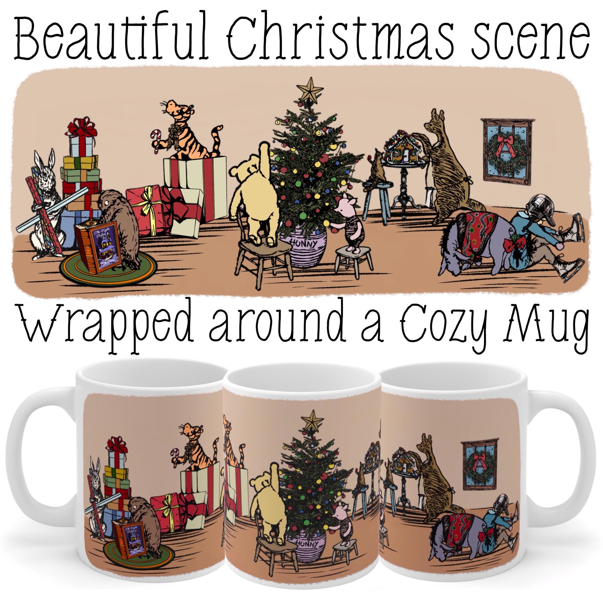 Christmas Winnie the Pooh Mug, Holiday Coffee Cup, Vintage Pooh Bear Tea Mug, 11oz Festive Hot Cocoa Mug