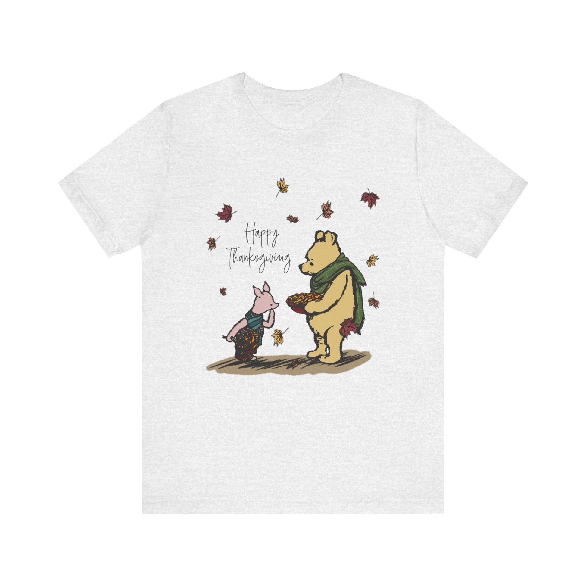 Winnie the Pooh Thanksgiving Tee, Unisex Jersey Short Sleeve Shirt, Pooh and Piglet, Autumn Leaves and Thanksgiving Holiday Gift