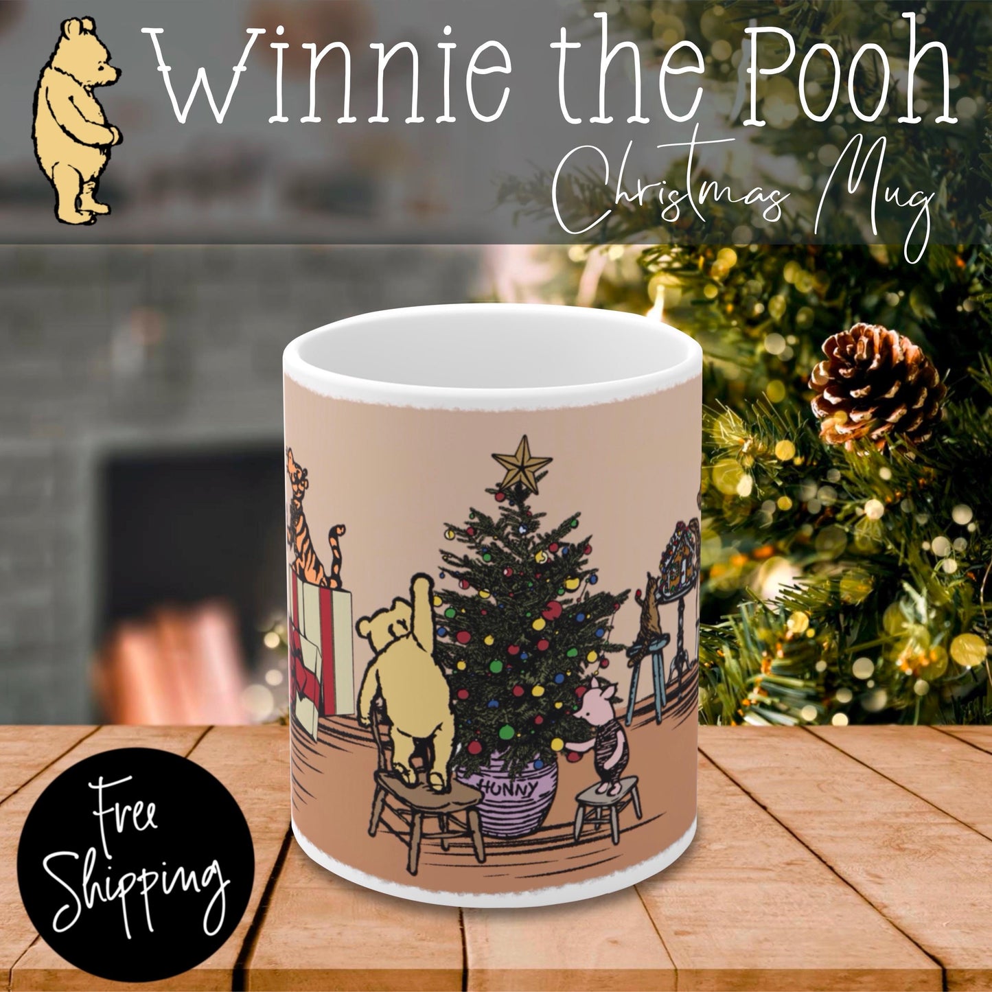 Christmas Winnie the Pooh Mug, Holiday Coffee Cup, Vintage Pooh Bear Tea Mug, 11oz Festive Hot Cocoa Mug