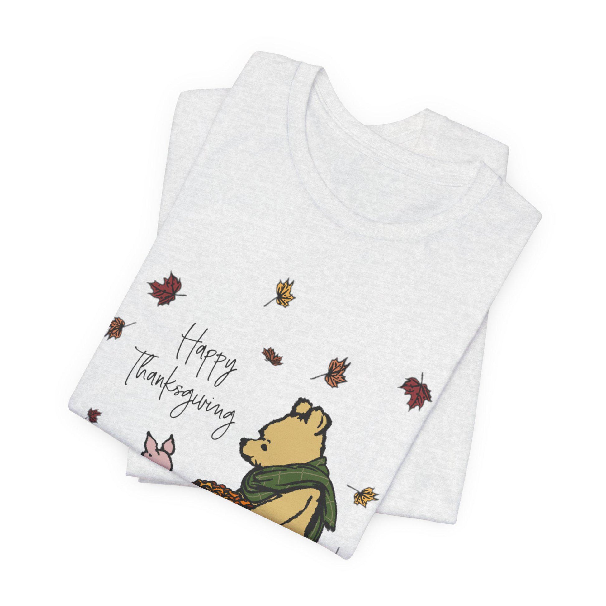 Winnie the Pooh Thanksgiving Tee, Unisex Jersey Short Sleeve Shirt, Pooh and Piglet, Autumn Leaves and Thanksgiving Holiday Gift