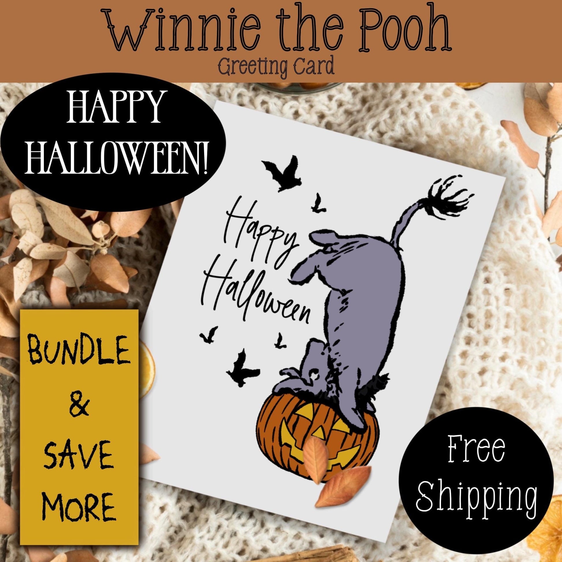 Classic Winnie the Pooh Halloween Card, Kids Halloween Card, Vintage Halloween, Halloween Greeting Cards, FREE SHIPPING, 4.25” x 5.5”