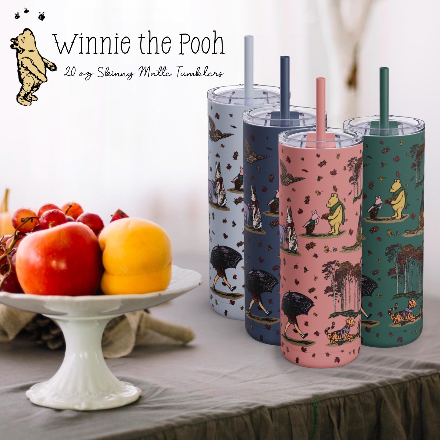 Skinny Tumbler, Winnie the Pooh Autumn Scene, 20oz, Thanksgiving Fall Gift, Matte Cup, Maars Maker, Holiday Drinkware