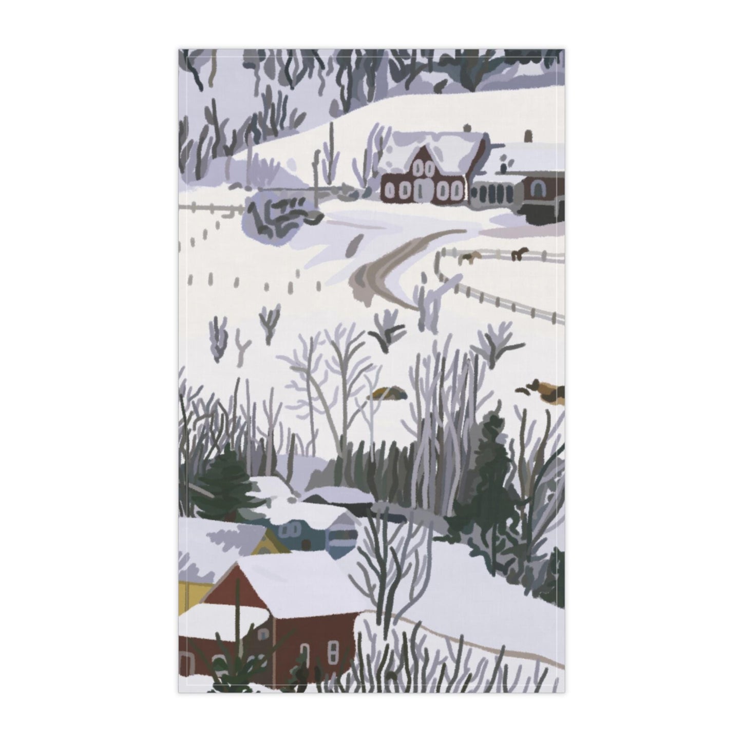 Christmas Tea Towel, Kitchen Decor, Cabin Winter White Vermont Painting, Stowe, Holiday Hostess Gift