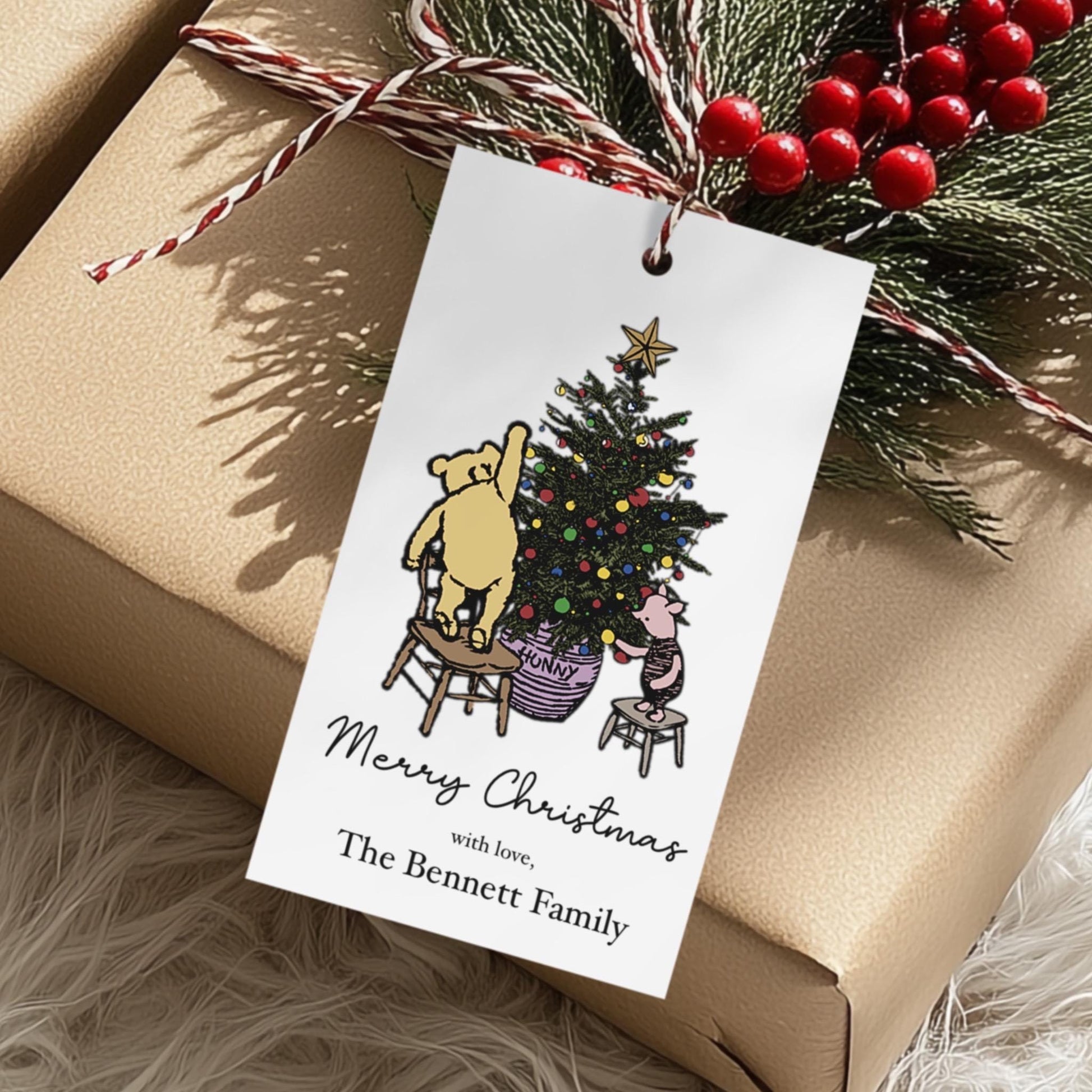 PRINTED Personalized Christmas Gift Tags, Vintage Winnie the Pooh Gift Tags, Winnie the Pooh Christmas Gift, FREE SHIPPING, 2” x 3.5”