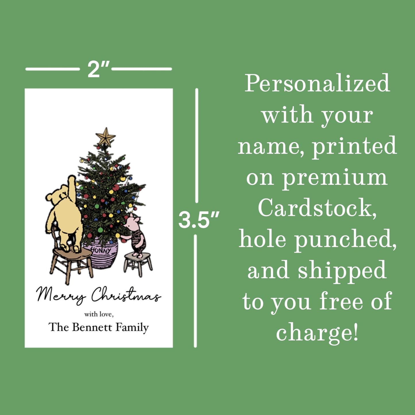 PRINTED Personalized Christmas Gift Tags, Vintage Winnie the Pooh Gift Tags, Winnie the Pooh Christmas Gift, FREE SHIPPING, 2” x 3.5”