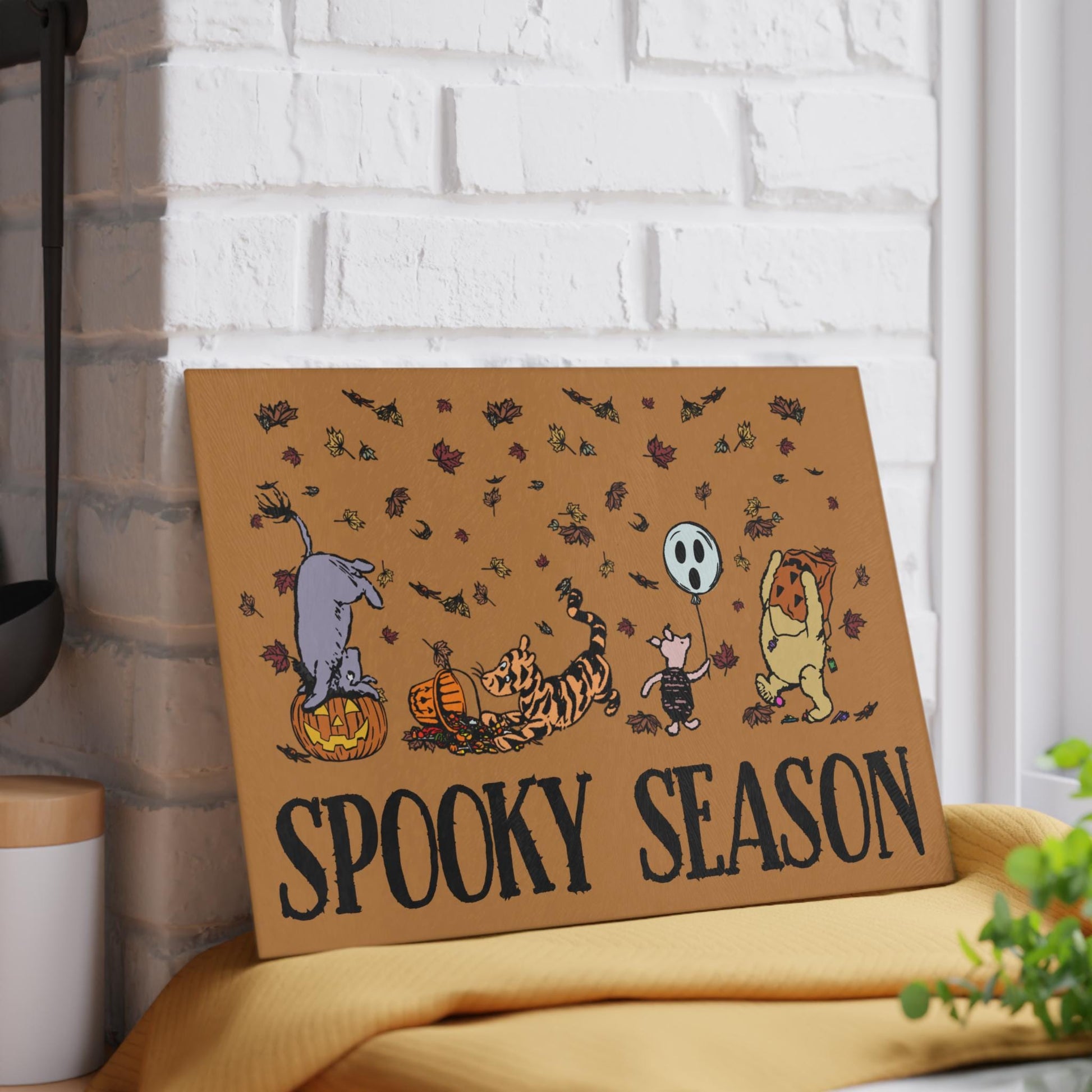 Spooky Season Fall Winnie the Pooh Glass Cutting Board - Halloween Kitchen Decor, Autumn Cutting Board, Pooh Bear Gift, Fall Cooking Tool