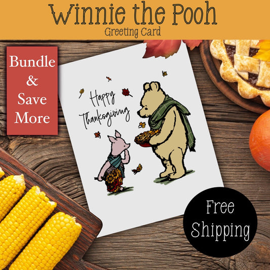 Classic Winnie the Pooh Thanksgiving Card, Vintage Thanksgiving, Thanksgiving Greeting Cards, Piglet Card, FREE SHIPPING, 4.25” x 5.5”