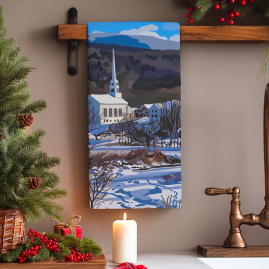 Christmas Tea Towel, Kitchen Decor, Cabin Winter White Vermont Painting, Stowe, Holiday Hostess Gift