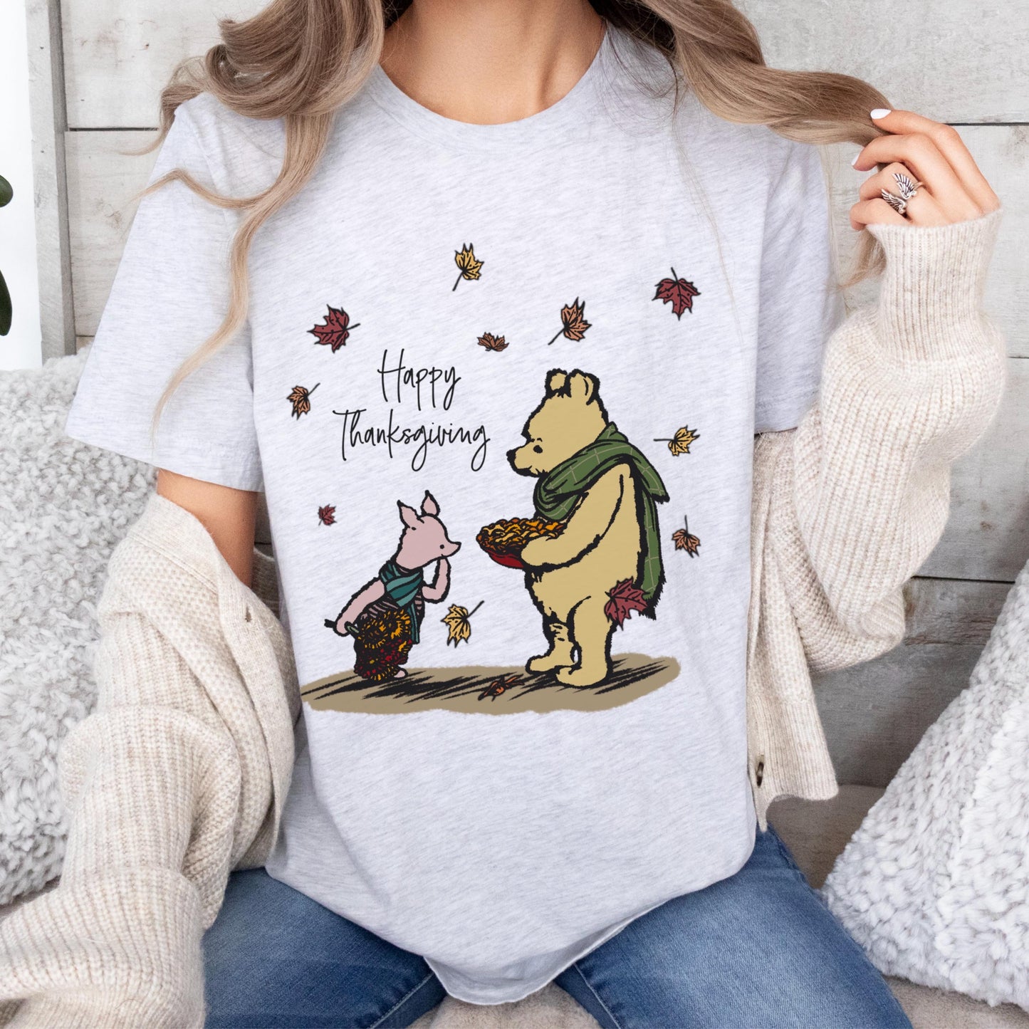 Winnie the Pooh Thanksgiving Tee, Unisex Jersey Short Sleeve Shirt, Pooh and Piglet, Autumn Leaves and Thanksgiving Holiday Gift