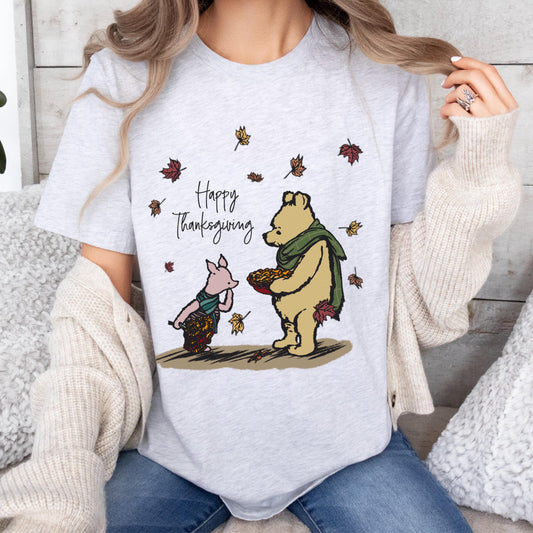 Winnie the Pooh Thanksgiving Tee, Unisex Jersey Short Sleeve Shirt, Pooh and Piglet, Autumn Leaves and Thanksgiving Holiday Gift