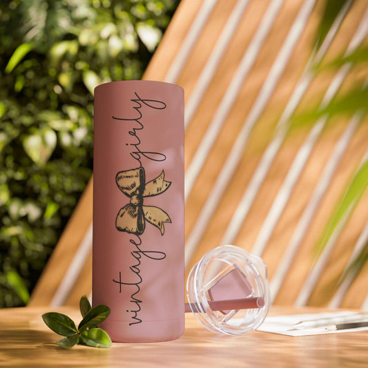 Matte Tumbler, Coquette Vintage Girly Design - 20oz Skinny Tumbler, Girly Coffee Cup, Travel Cup with Bow Design