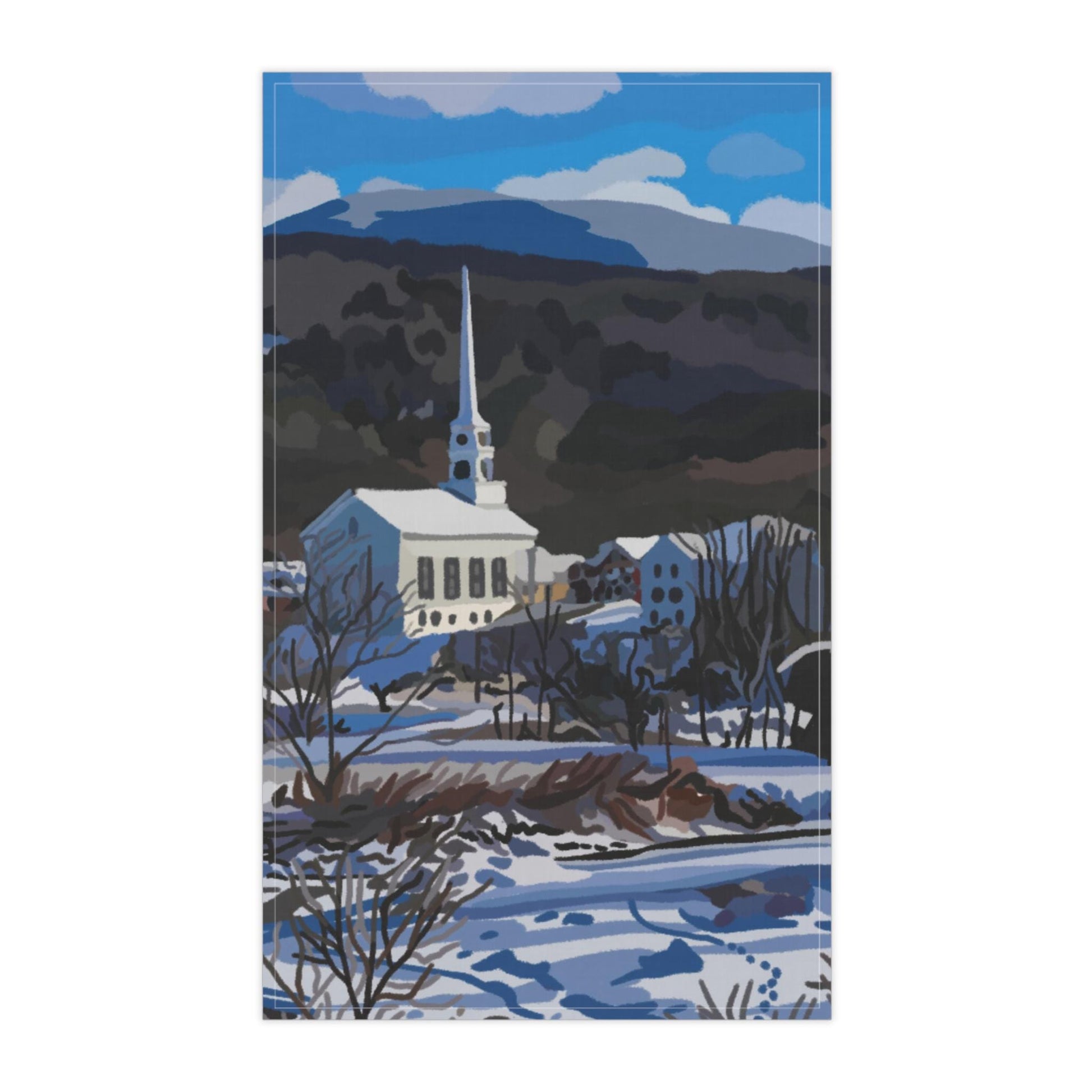 Christmas Tea Towel, Kitchen Decor, Cabin Winter White Vermont Painting, Stowe, Holiday Hostess Gift