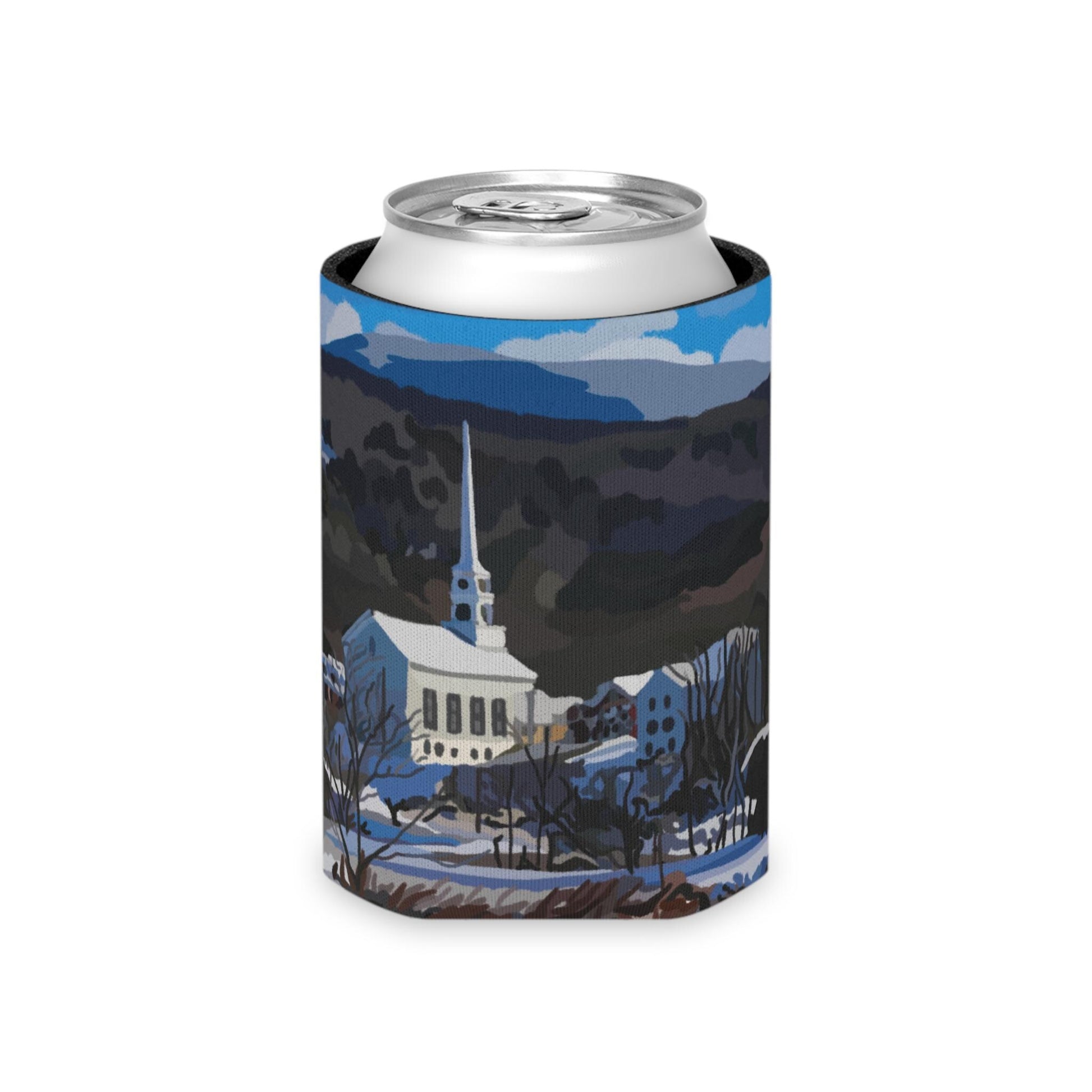 Winter Vermont Landscape Can Cooler - Holiday Season Beverage Insulator, Christmas Gift, Stocking Stuffer, Reusable Drink Holder