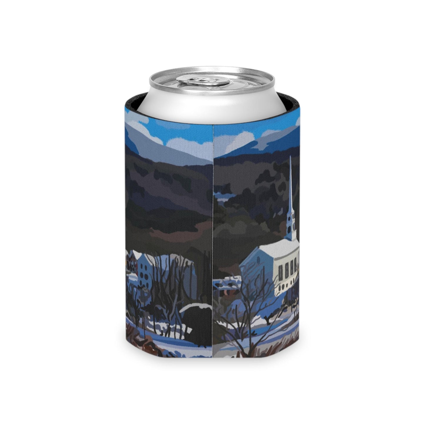 Winter Vermont Landscape Can Cooler - Holiday Season Beverage Insulator, Christmas Gift, Stocking Stuffer, Reusable Drink Holder