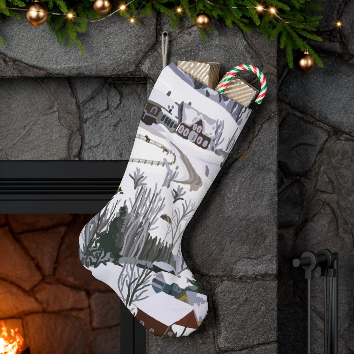 Christmas Stocking, Vermont Winter Landscape Stocking - Rustic Holiday Decor, Farmhouse Christmas Decoration, Festive Wall Hanging