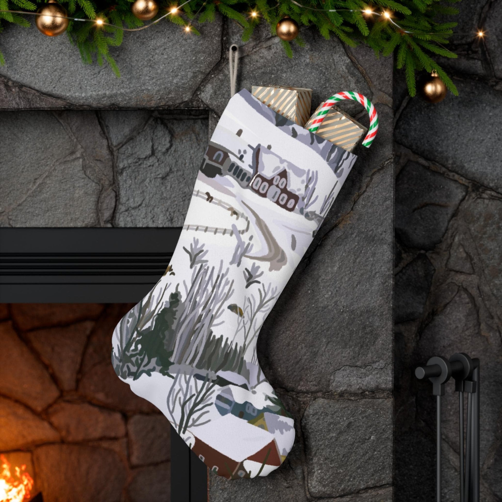 Christmas Stocking, Vermont Winter Landscape Stocking - Rustic Holiday Decor, Farmhouse Christmas Decoration, Festive Wall Hanging