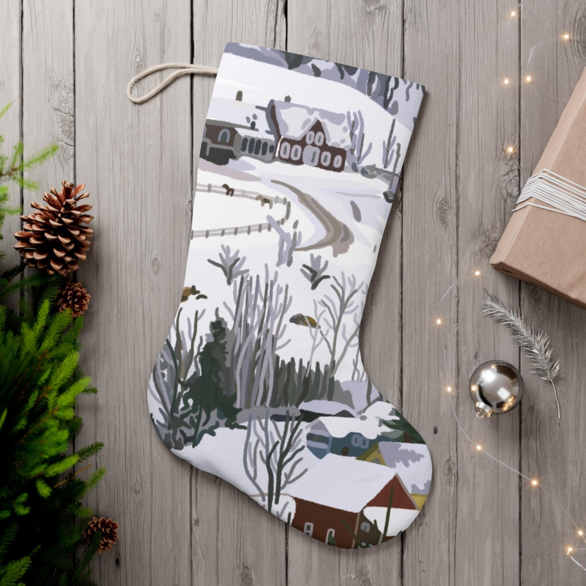 Christmas Stocking, Vermont Winter Landscape Stocking - Rustic Holiday Decor, Farmhouse Christmas Decoration, Festive Wall Hanging