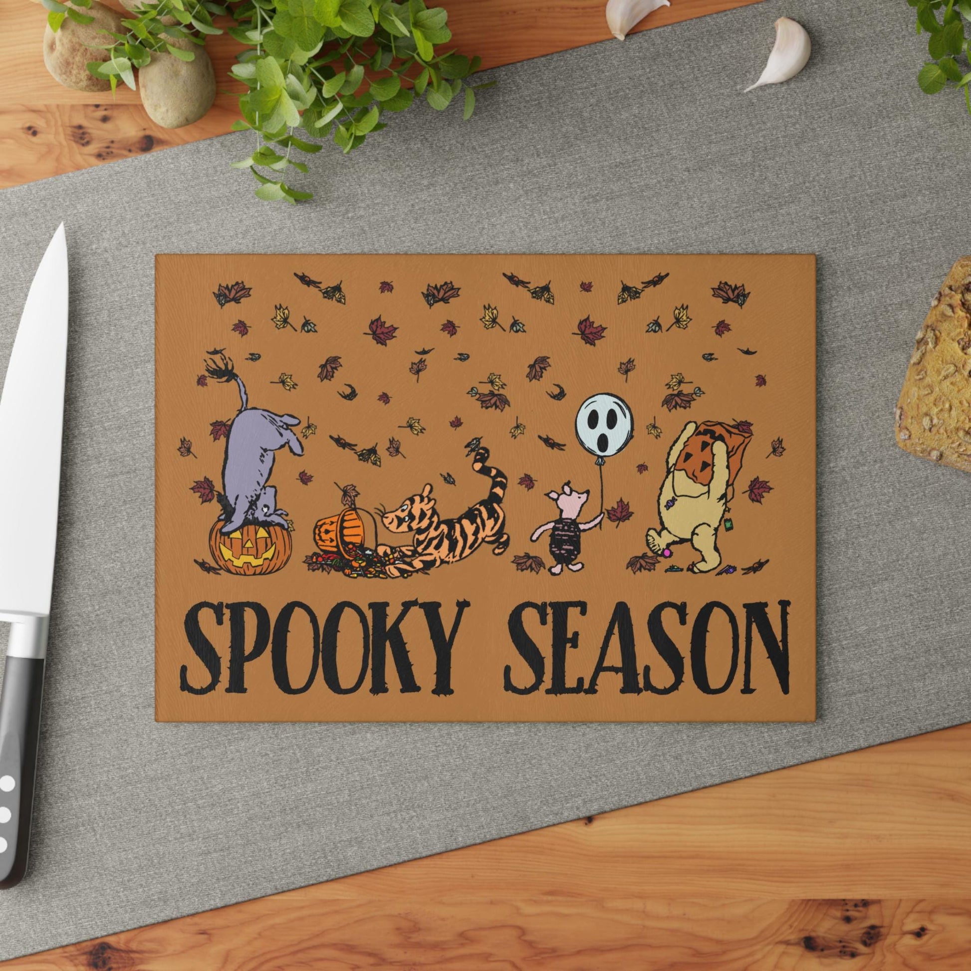 Spooky Season Fall Winnie the Pooh Glass Cutting Board - Halloween Kitchen Decor, Autumn Cutting Board, Pooh Bear Gift, Fall Cooking Tool