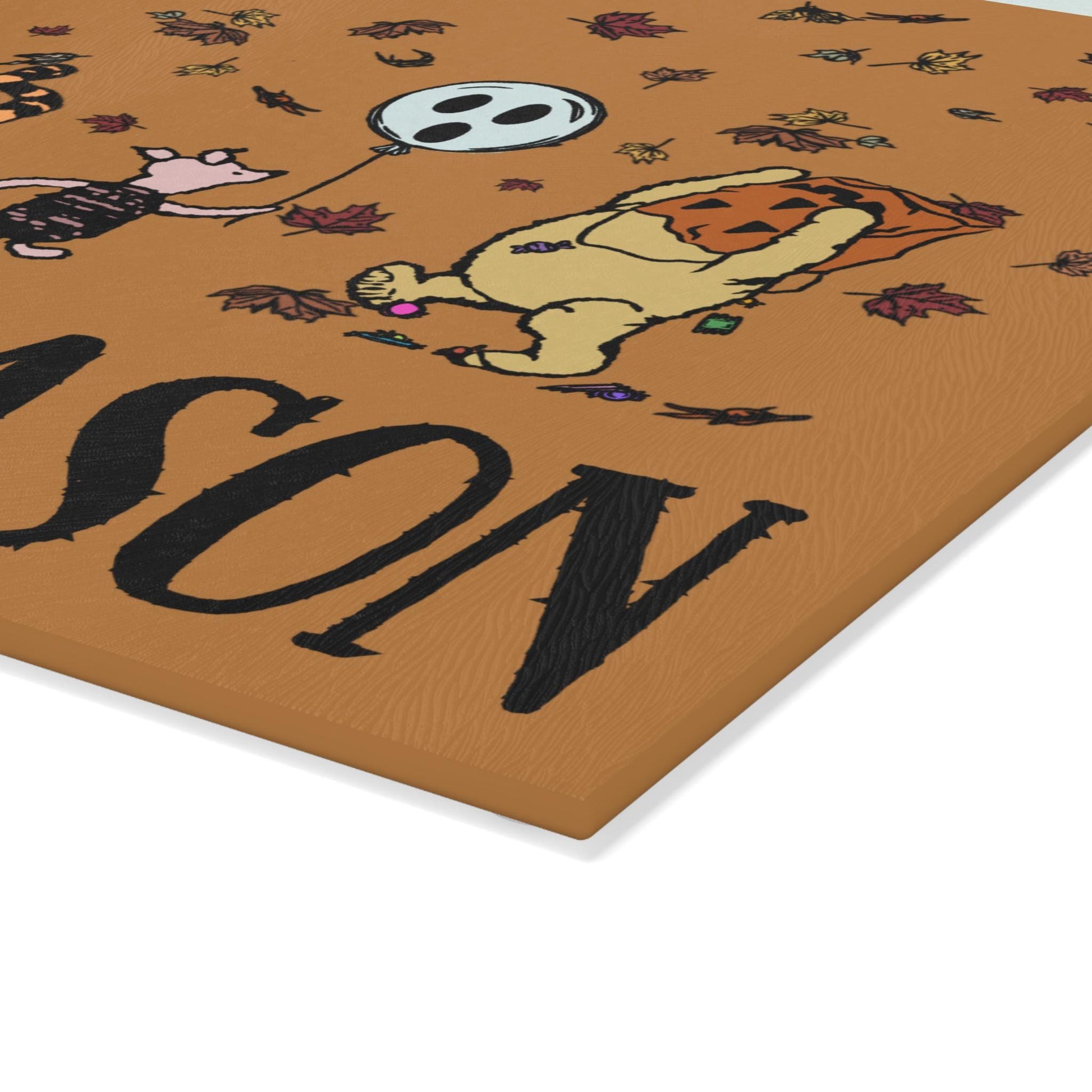 Spooky Season Fall Winnie the Pooh Glass Cutting Board - Halloween Kitchen Decor, Autumn Cutting Board, Pooh Bear Gift, Fall Cooking Tool