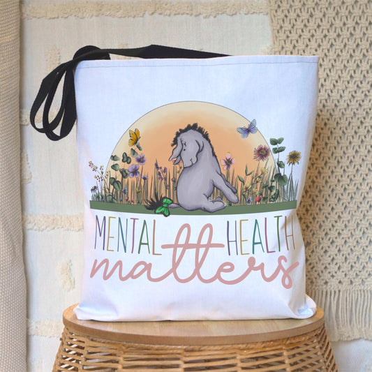 Mental Health Matters Eeyore Floral Tote Bag, Carry-All Bag, Shoulder Purse, Gift for Her, Reusable Shopping Bag, Eco-Friendly Tote