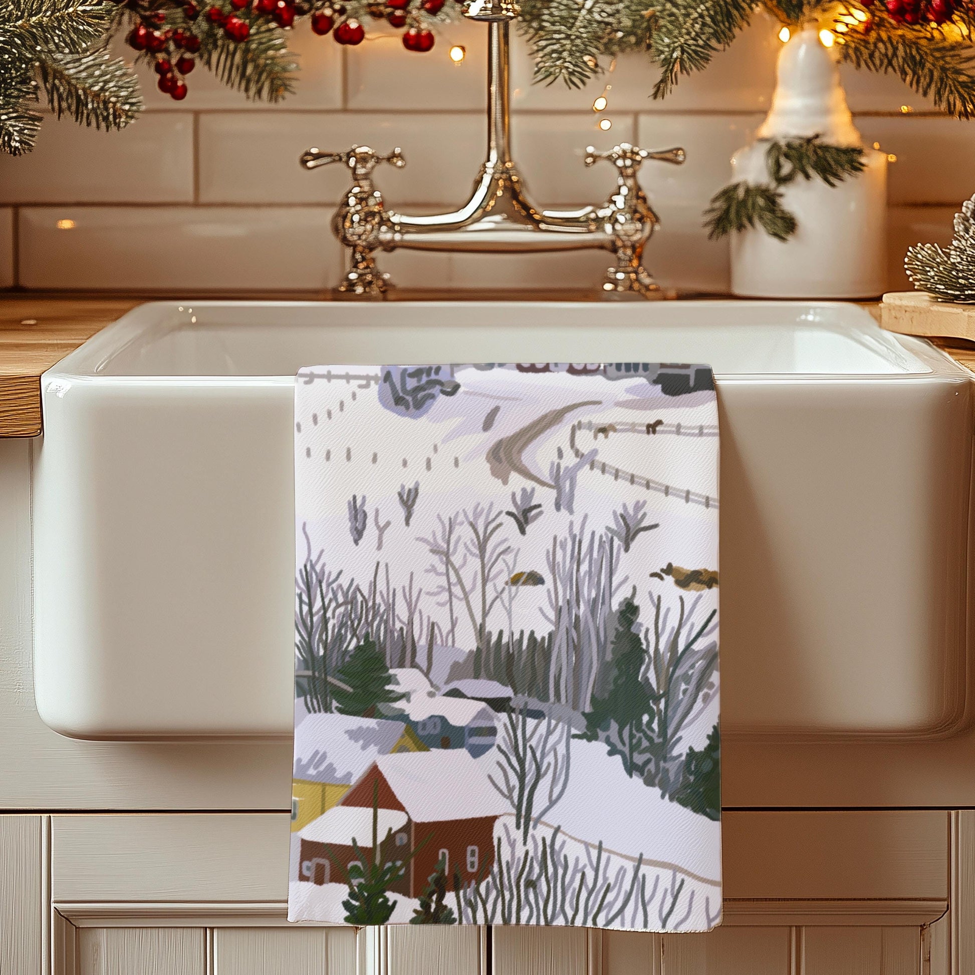 Christmas Tea Towel, Kitchen Decor, Cabin Winter White Vermont Painting, Stowe, Holiday Hostess Gift