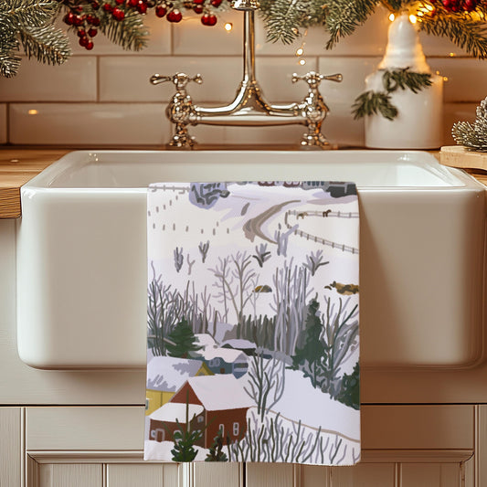 Christmas Tea Towel, Kitchen Decor, Cabin Winter White Vermont Painting, Stowe, Holiday Hostess Gift