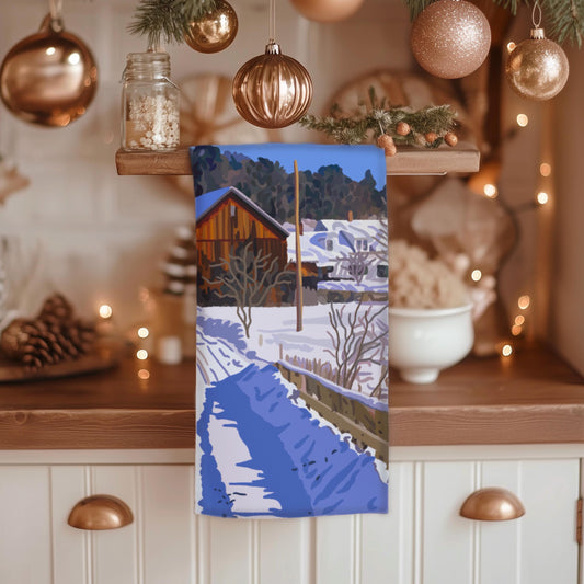 Christmas Tea Towel, Kitchen Decor, Cabin Winter White Vermont Painting, Stowe, Holiday Hostess Gift