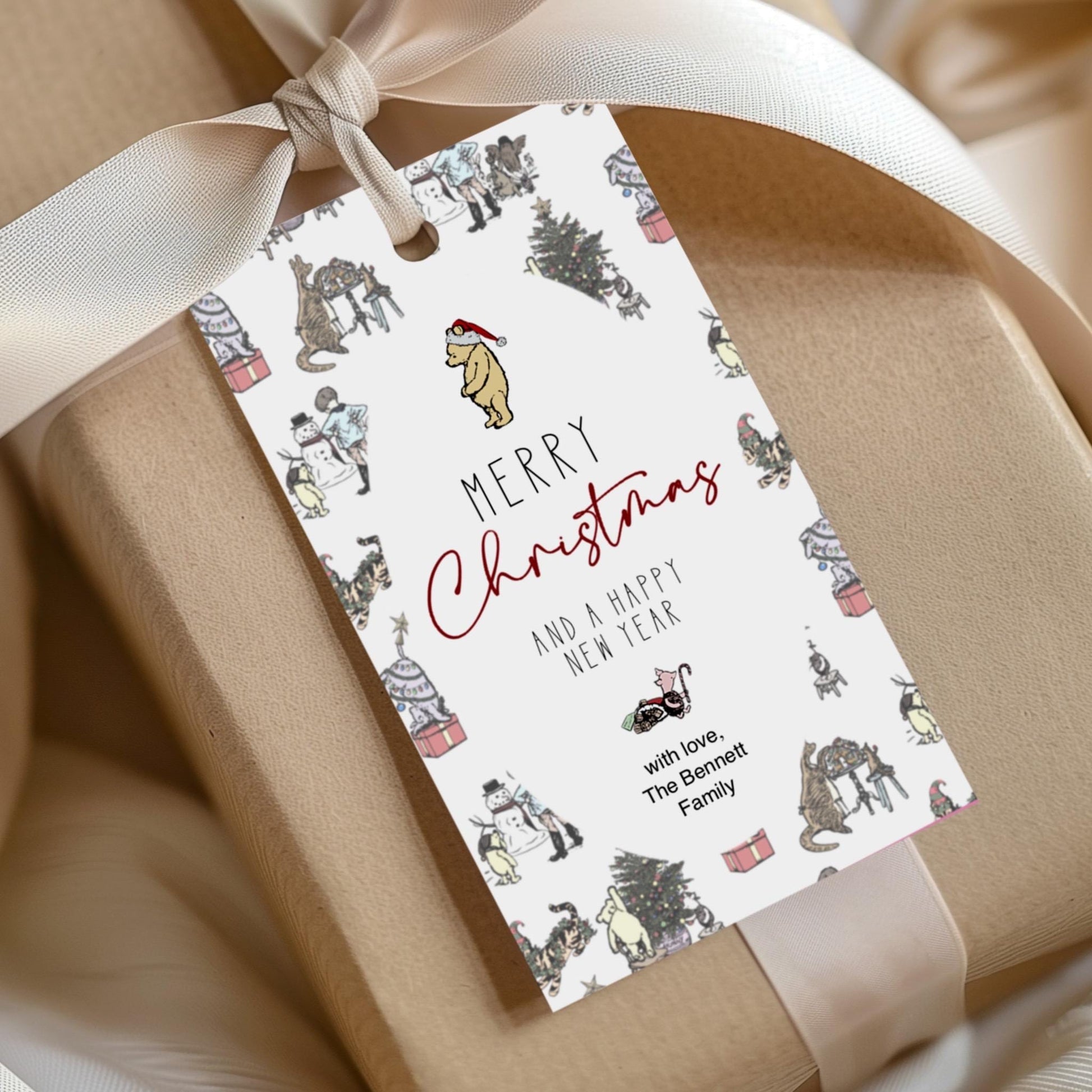 PRINTED Personalized Christmas Gift Tags, Vintage Winnie the Pooh Gift Tags, Pooh Christmas Gift, Party Favor Tag, FREE SHIPPING, 2” x 3.5”