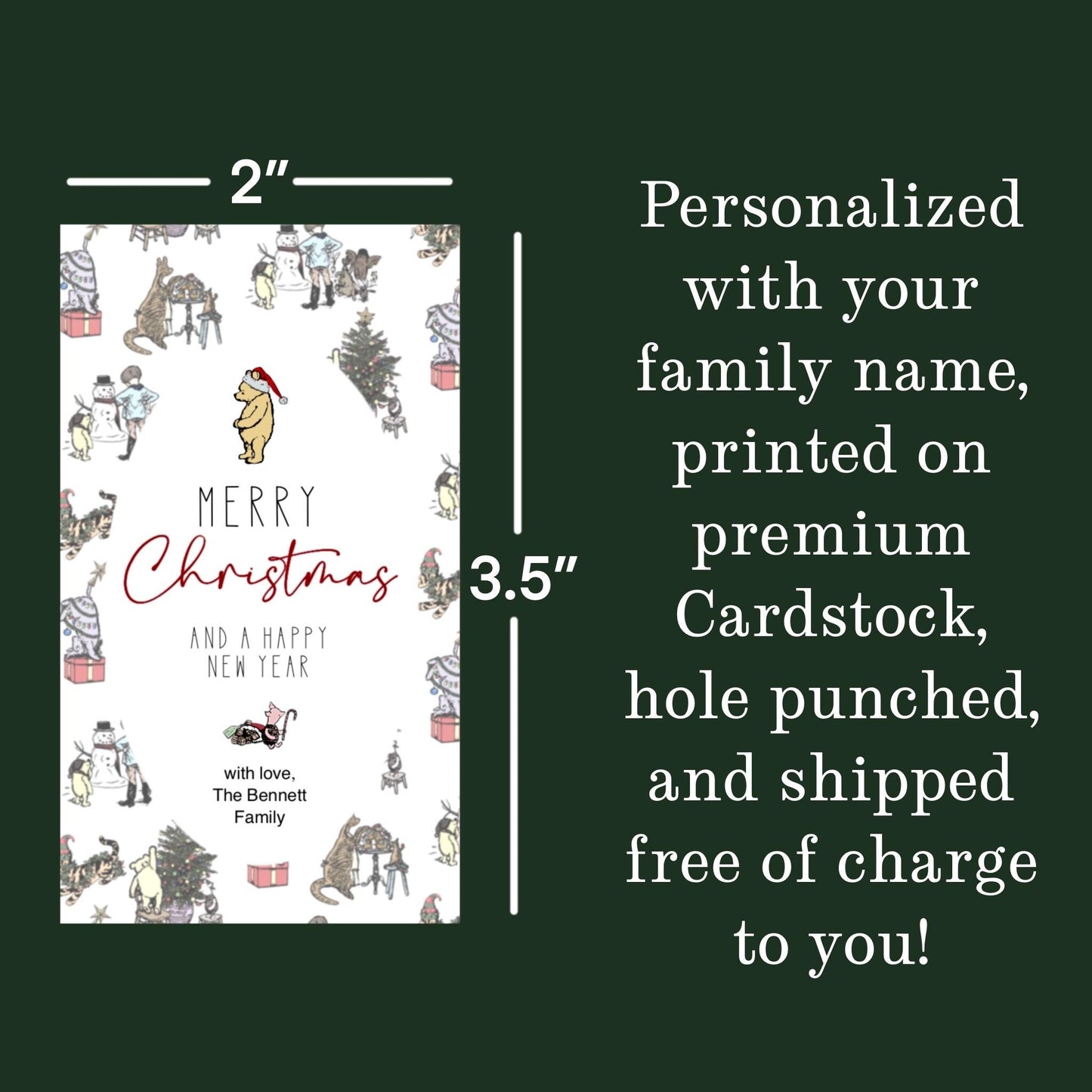 PRINTED Personalized Christmas Gift Tags, Vintage Winnie the Pooh Gift Tags, Pooh Christmas Gift, Party Favor Tag, FREE SHIPPING, 2” x 3.5”