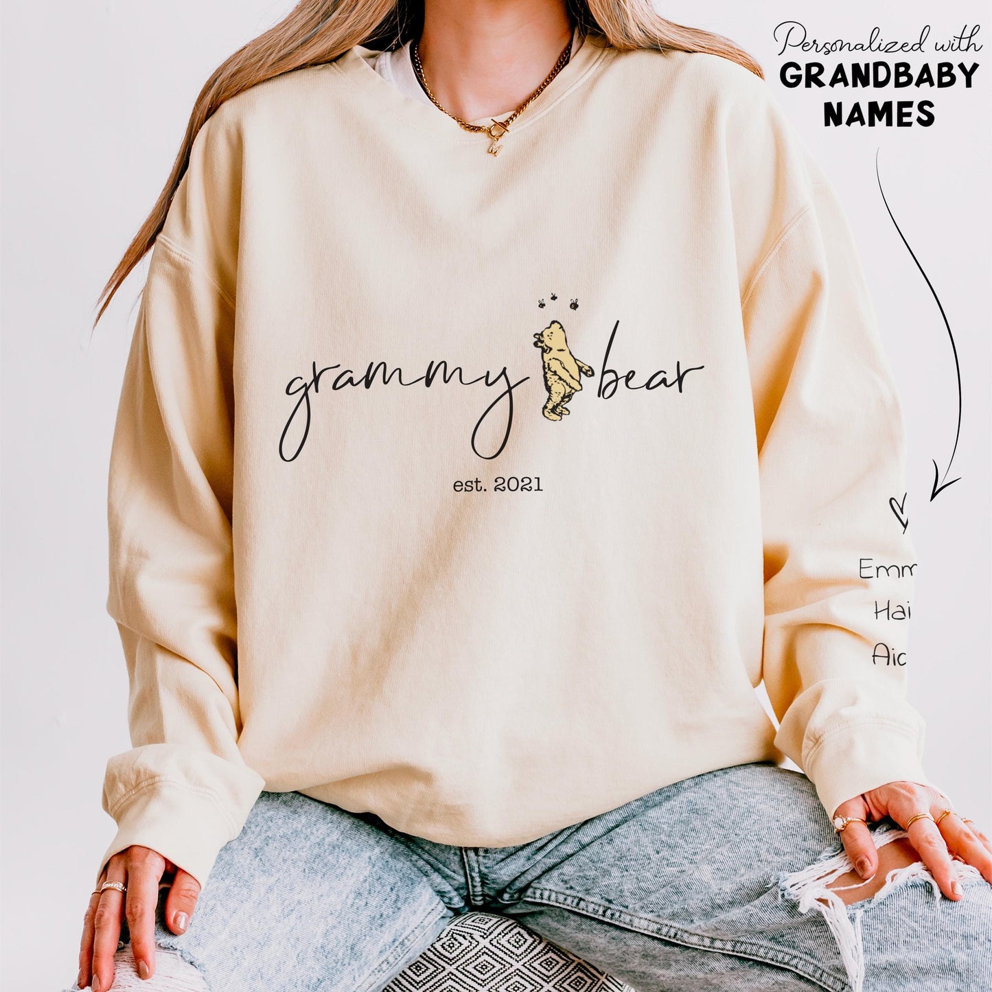 Personalized Grammy Bear Sweatshirt with kid names on sleeve, Winnie the Pooh Sweatshirt, Custom Grandma Crewneck Gift